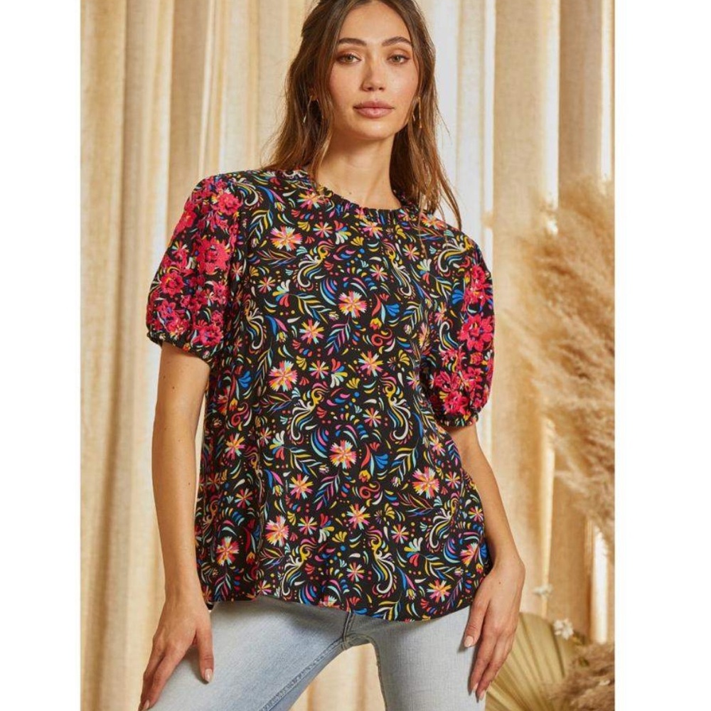 Floral Black Top with Pink embroidered Accents